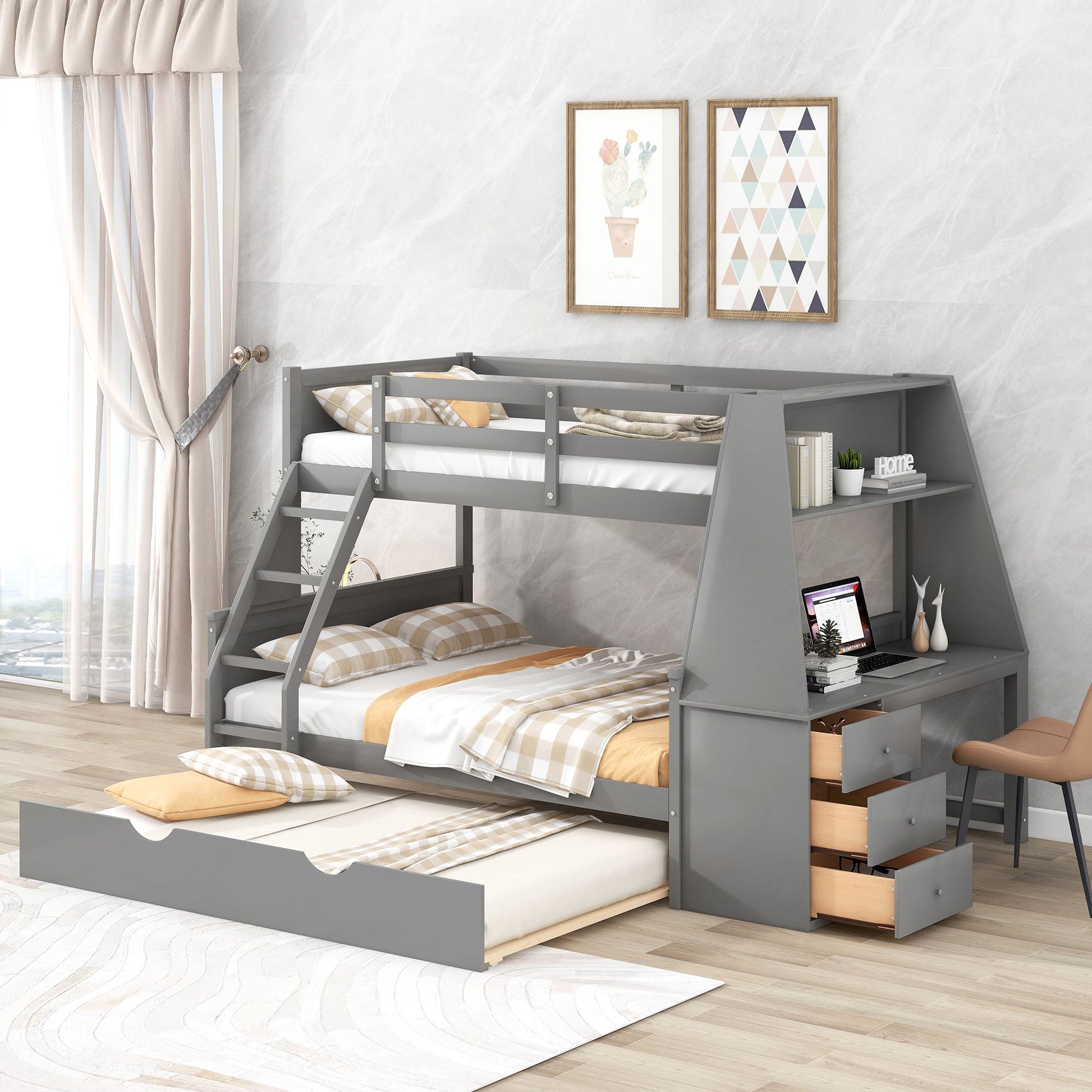 Bunk Bed With Trundle And Built In Desk, 3 Storage Drawers And Shelf - The Sleep Loft - Online Mattress Showroom NYC