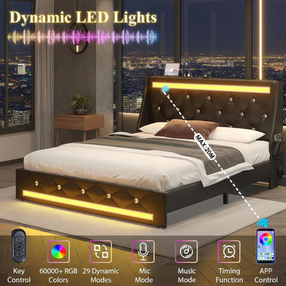 Wingback Upholstered Bed Frame With LED Lights, Charging Station - The Sleep Loft - Online Mattress Showroom NYC