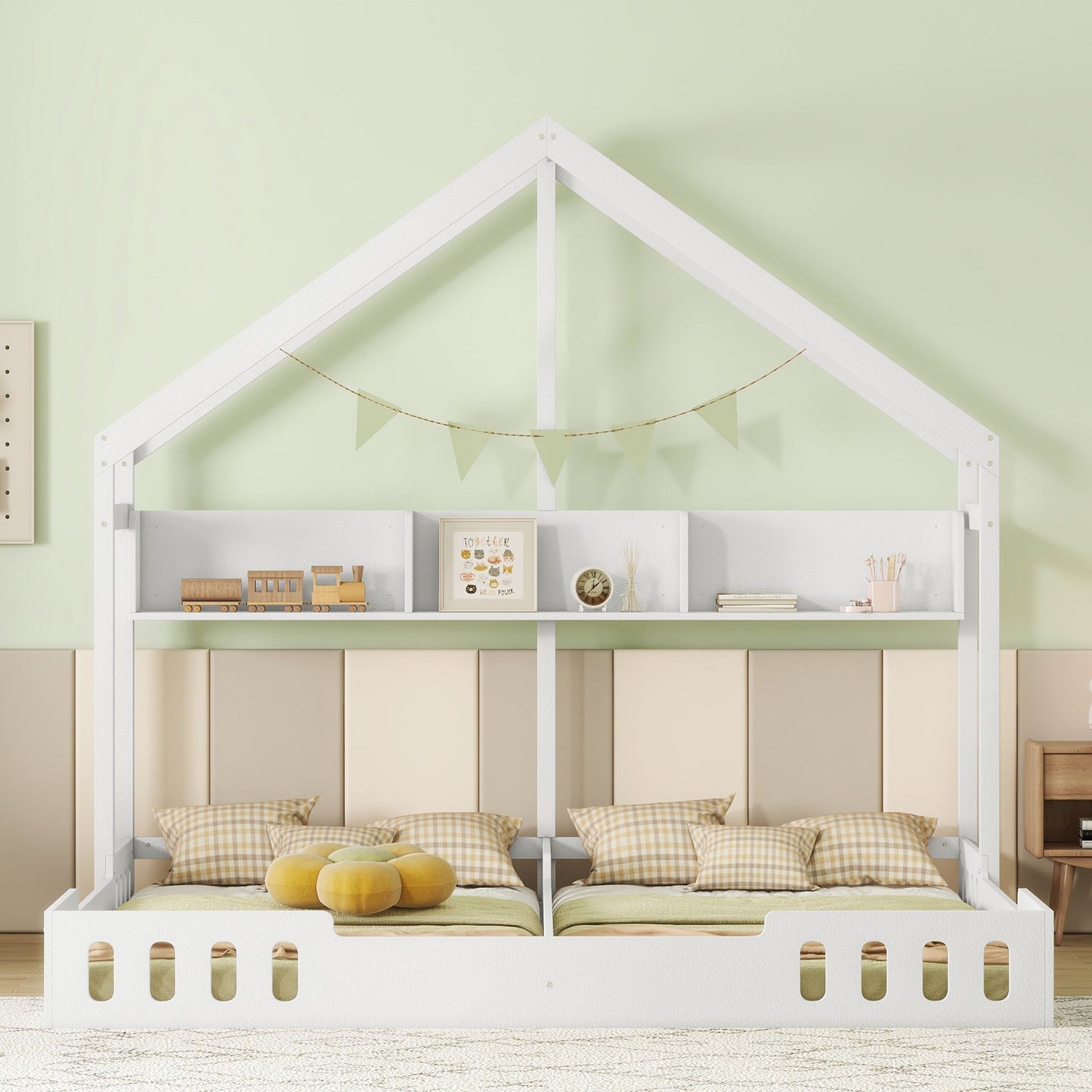 Twin Size Platform Bed With Shared Design, Guardrails, And Built In Shelves - Creamy White - The Sleep Loft - Online Mattress Showroom NYC