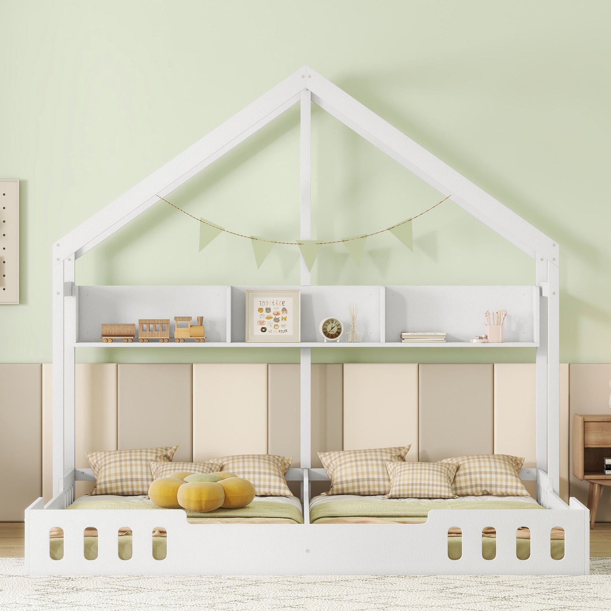 Twin Size Platform Bed With Shared Design, Guardrails, And Built In Shelves - Creamy White - The Sleep Loft - Online Mattress Showroom NYC