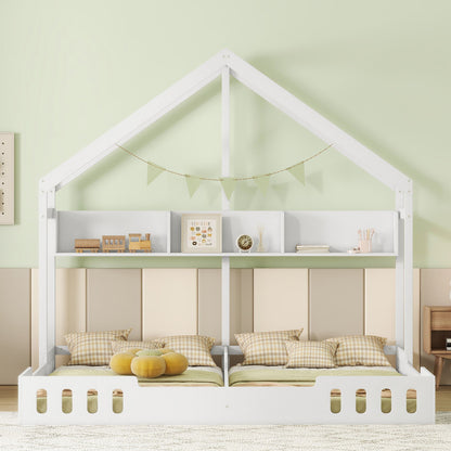 Twin Size Platform Bed With Shared Design, Guardrails, And Built In Shelves - Creamy White - The Sleep Loft - Online Mattress Showroom NYC