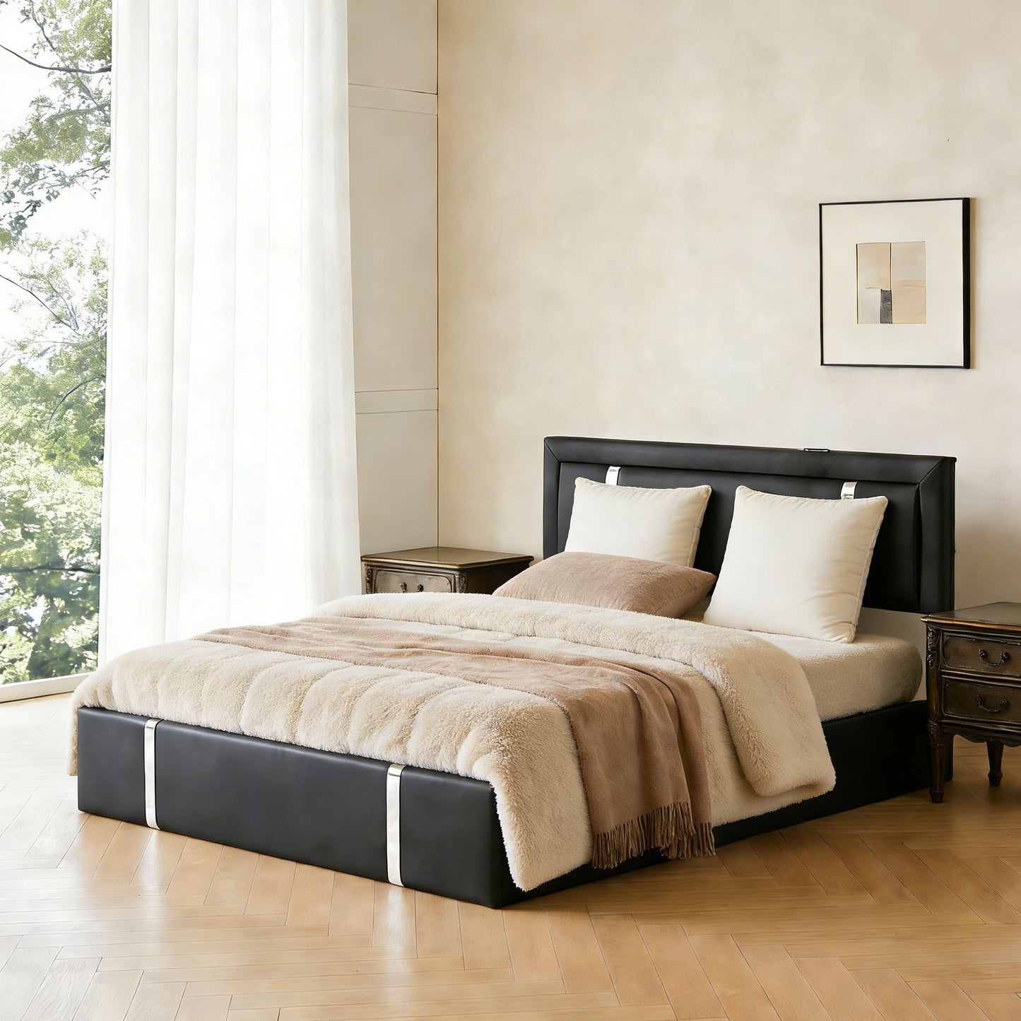 Upholstered Platform Bed Frame With Adjustable LED Headboard, USB C-Charging, Hydraulic Lift - The Sleep Loft - Online Mattress Showroom NYC