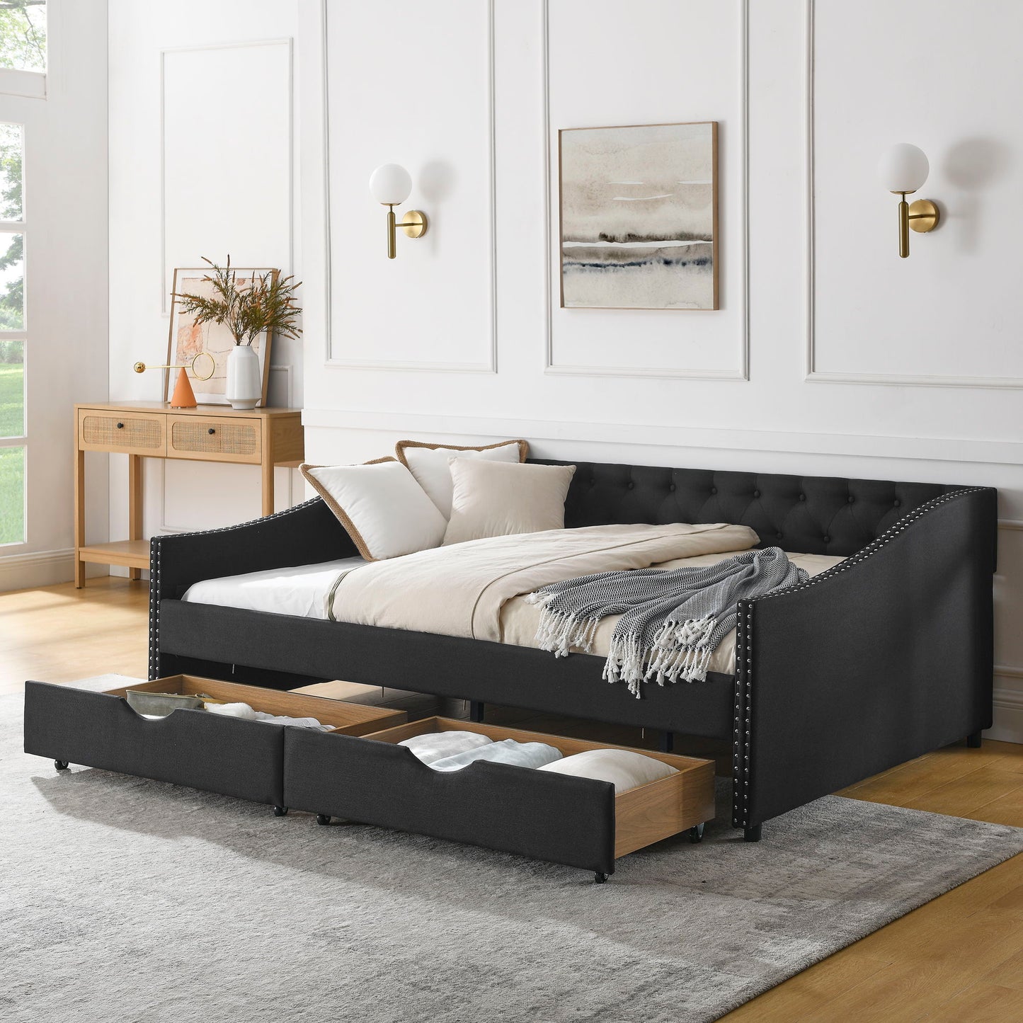 Upholstered Tufted Daybed With 2 Drawers, Waved Arms - The Sleep Loft - Online Mattress Showroom NYC