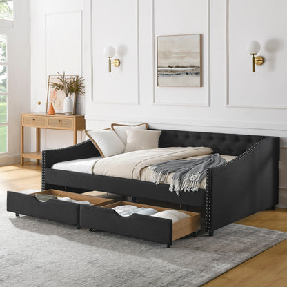 Upholstered Tufted Daybed With 2 Drawers, Waved Arms - The Sleep Loft - Online Mattress Showroom NYC
