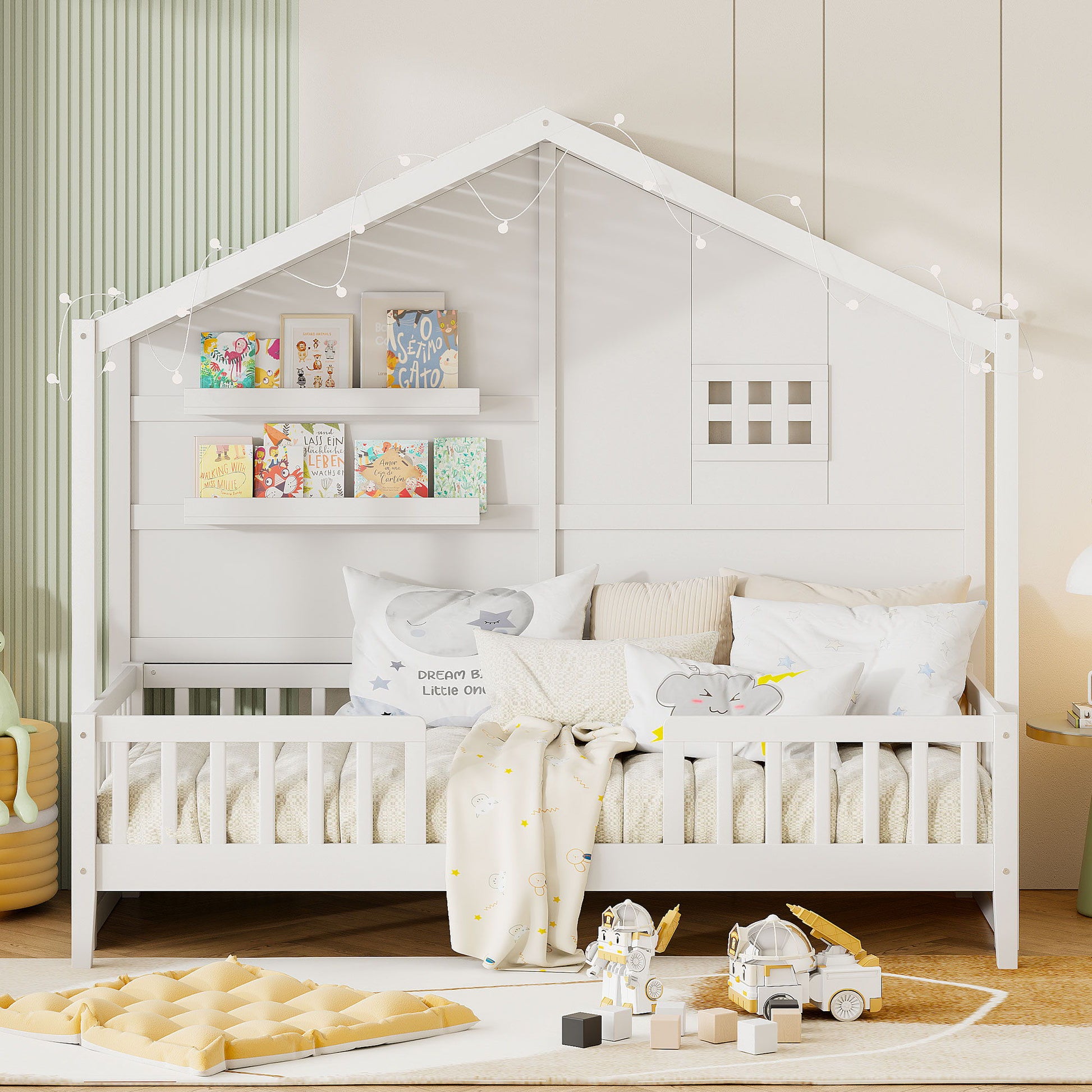 House Bed With Shelves, Window And Sparkling Light Strip On The Roof - The Sleep Loft - Online Mattress Showroom NYC