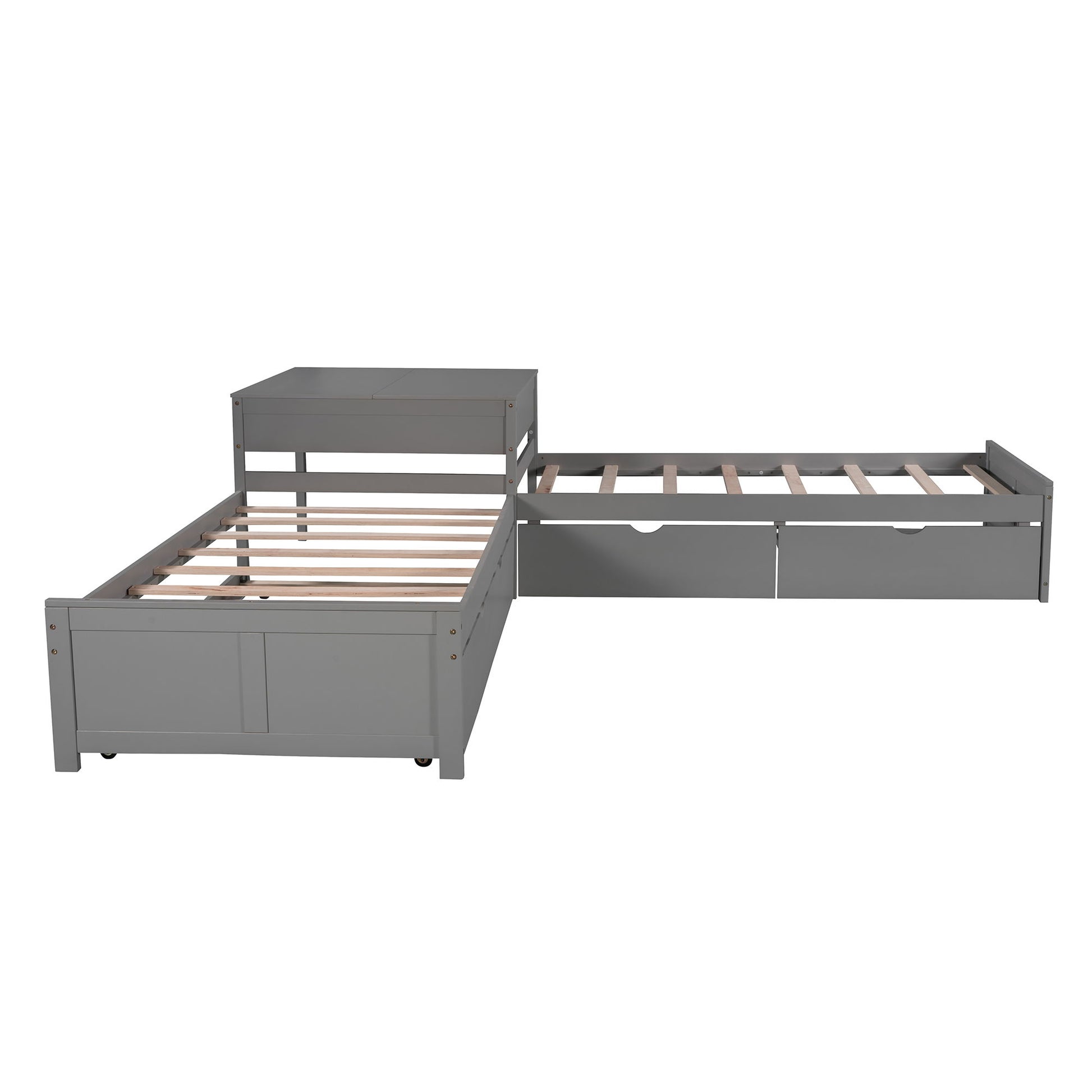 L Shaped Platform Bed With Trundle And Drawers Linked With Built In Desk - The Sleep Loft - Online Mattress Showroom NYC