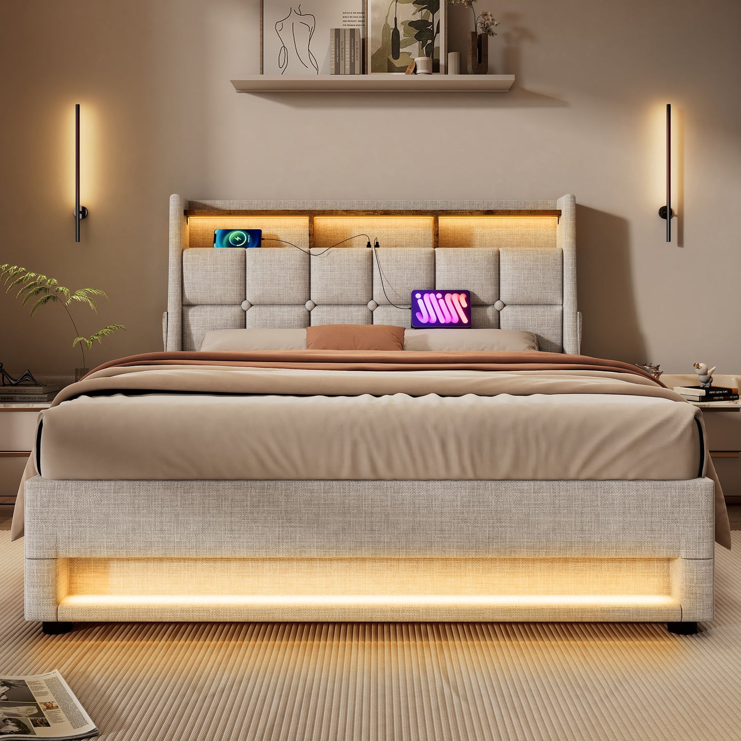 Upholstered Platform Bed With A Hydraulic Storage System, LED And USB Charging (Without Mattress) - The Sleep Loft - Online Mattress Showroom NYC