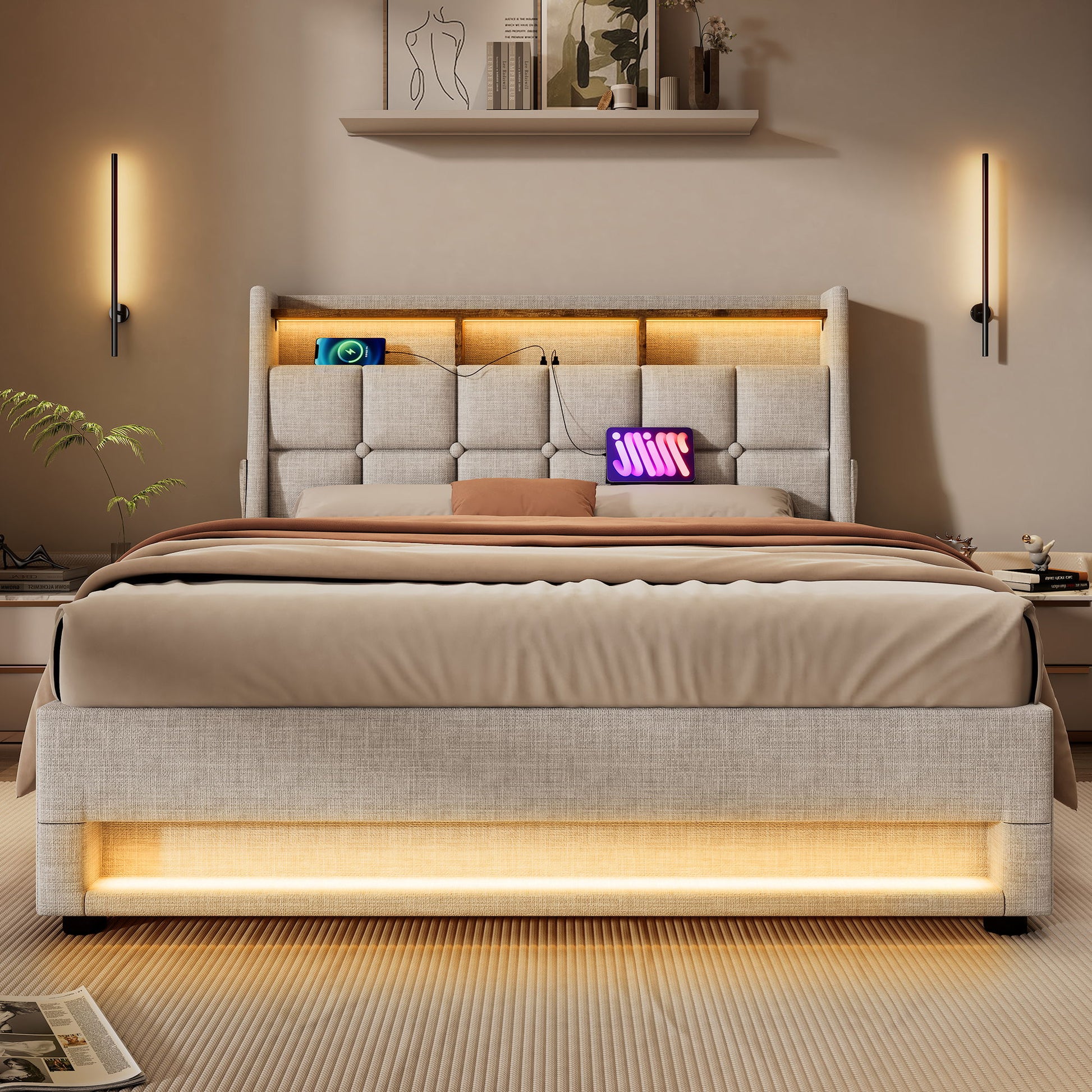 Upholstered Platform Bed With A Hydraulic Storage System, LED And USB Charging (Without Mattress) - The Sleep Loft - Online Mattress Showroom NYC