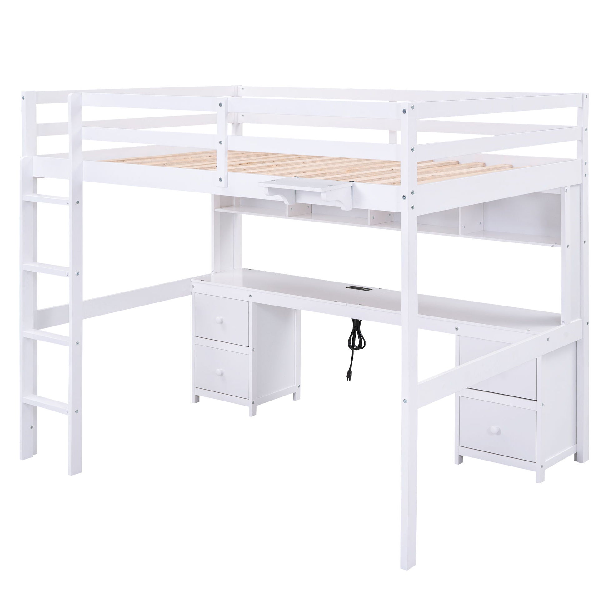 Full Size Loft Bed With Desk, Cabinets, Drawers, Charging Station And Bedside Tray, Sturdy Frame, No Box Spring Required - White - The Sleep Loft - Online Mattress Showroom NYC