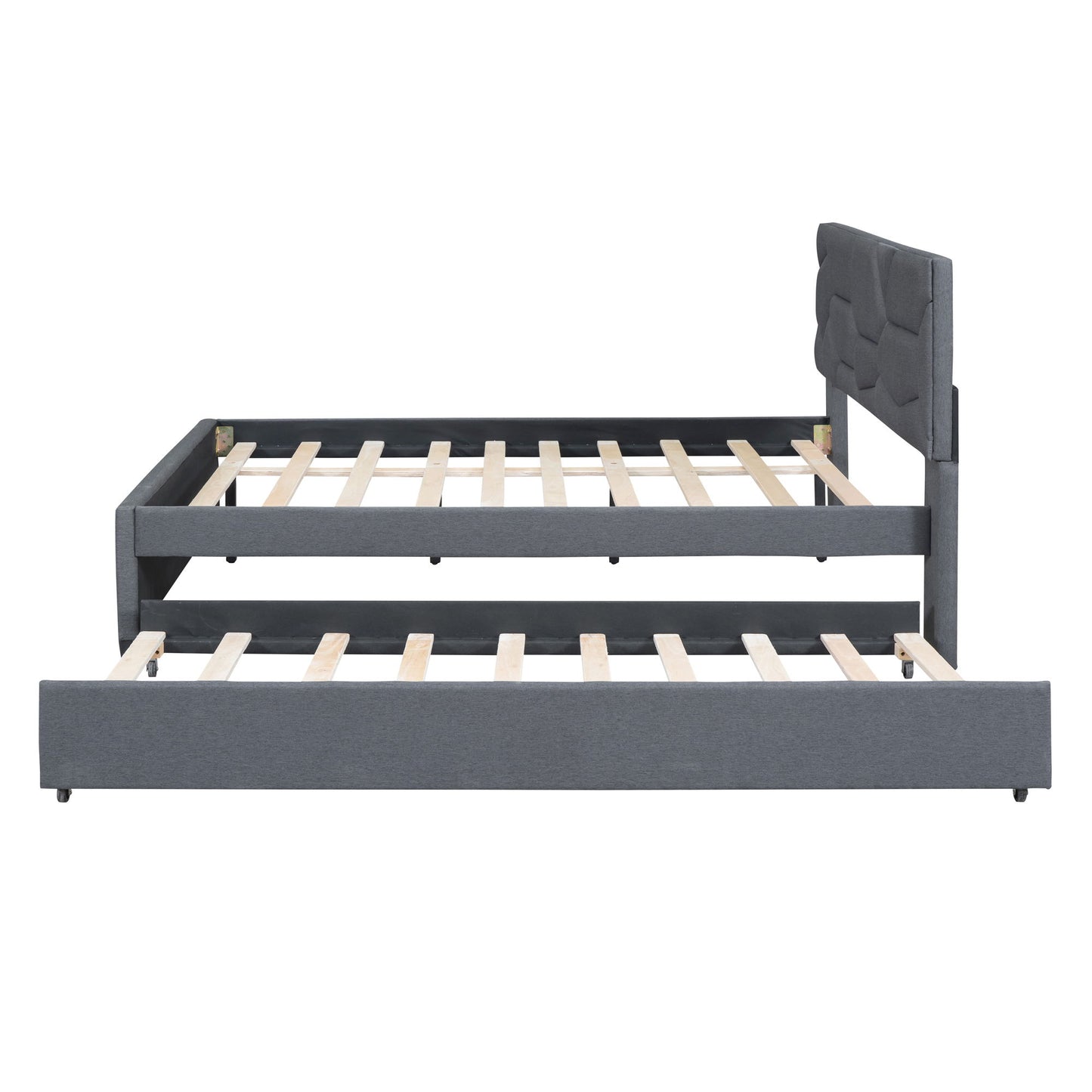 Upholstered Platform Bed With Brick Pattern Headboard And Twin Long Size Trundle - The Sleep Loft - Online Mattress Showroom NYC