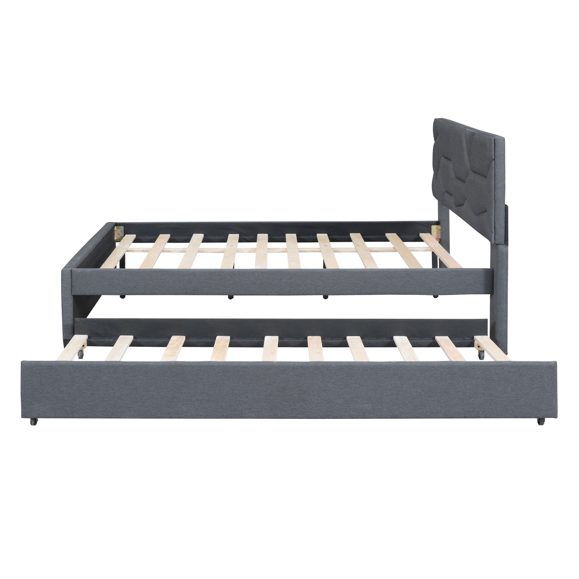 Upholstered Platform Bed With Brick Pattern Headboard And Twin Long Size Trundle - The Sleep Loft - Online Mattress Showroom NYC