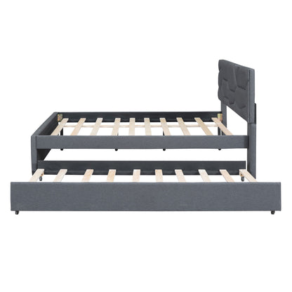 Upholstered Platform Bed With Brick Pattern Headboard And Twin Long Size Trundle - The Sleep Loft - Online Mattress Showroom NYC