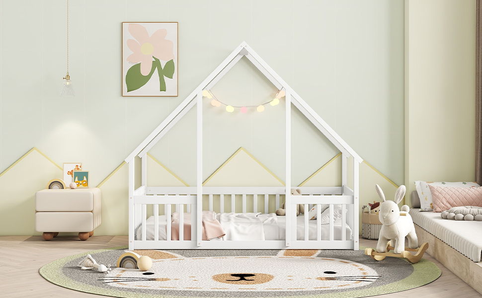 Wood House-Shaped Floor Bed With Fence, Guardrails - The Sleep Loft - Online Mattress Showroom NYC