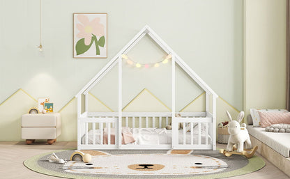 Wood House-Shaped Floor Bed With Fence, Guardrails - The Sleep Loft - Online Mattress Showroom NYC