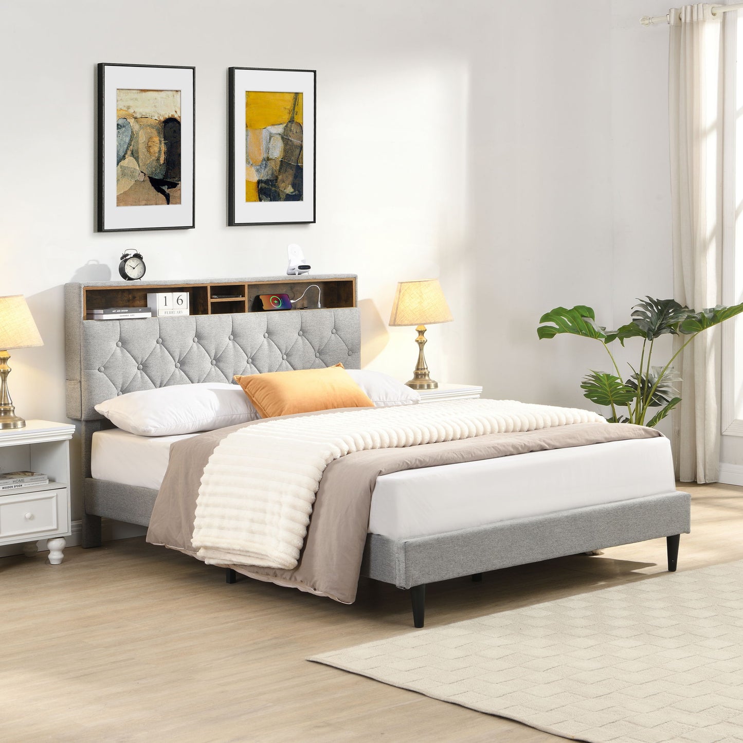 Modern Upholstered Platform Bed Frame With Button Tufted Headboard And USB Ports - The Sleep Loft - Online Mattress Showroom NYC