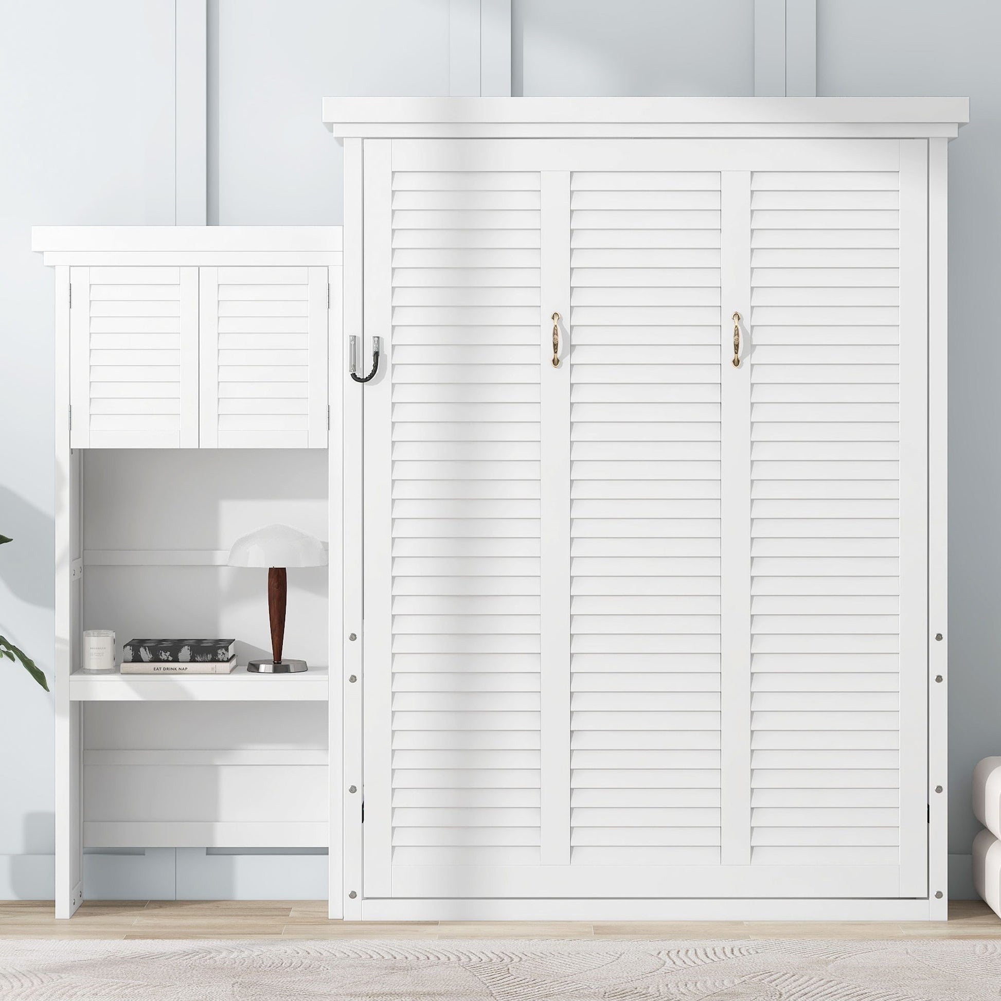 Queen Size Murphy Bed With Louvered Design And Multiple Storage Shelves - White - The Sleep Loft - Online Mattress Showroom NYC