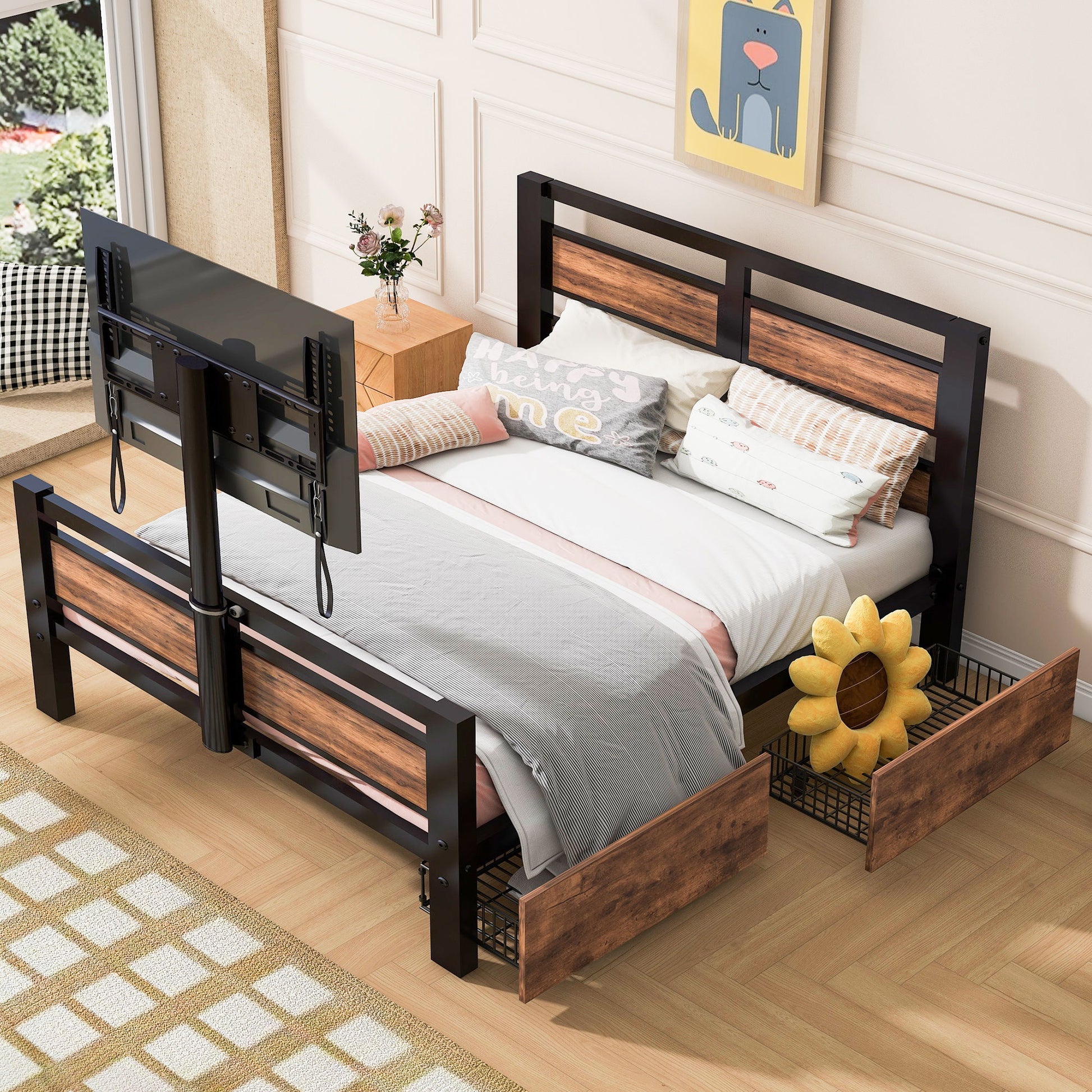 Twin Size Platform Bed With Headboard And Footboard, 2 Storage Drawers And Rotatable TV Stand - Black - The Sleep Loft - Online Mattress Showroom NYC
