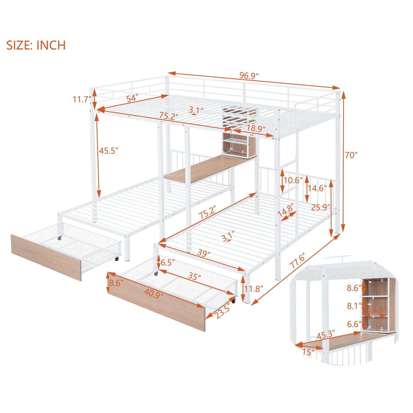 Triple Bunk Bed With Drawers, Multi-Functional Frame With Desks And Shelves In The Middle - The Sleep Loft - Online Mattress Showroom NYC