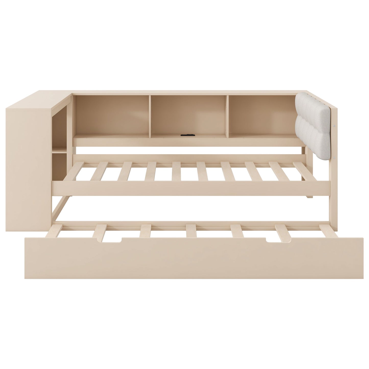 Upholstered Headboard Platform Bed With Storage Shelves, Trundle, Charging Station - The Sleep Loft - Online Mattress Showroom NYC