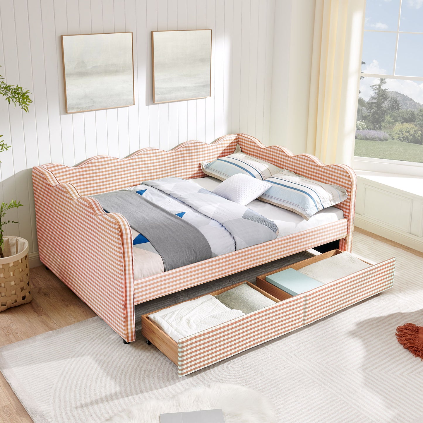 Gingham Daybed With USB Charging Port, Wave-Shaped Design - The Sleep Loft - Online Mattress Showroom NYC