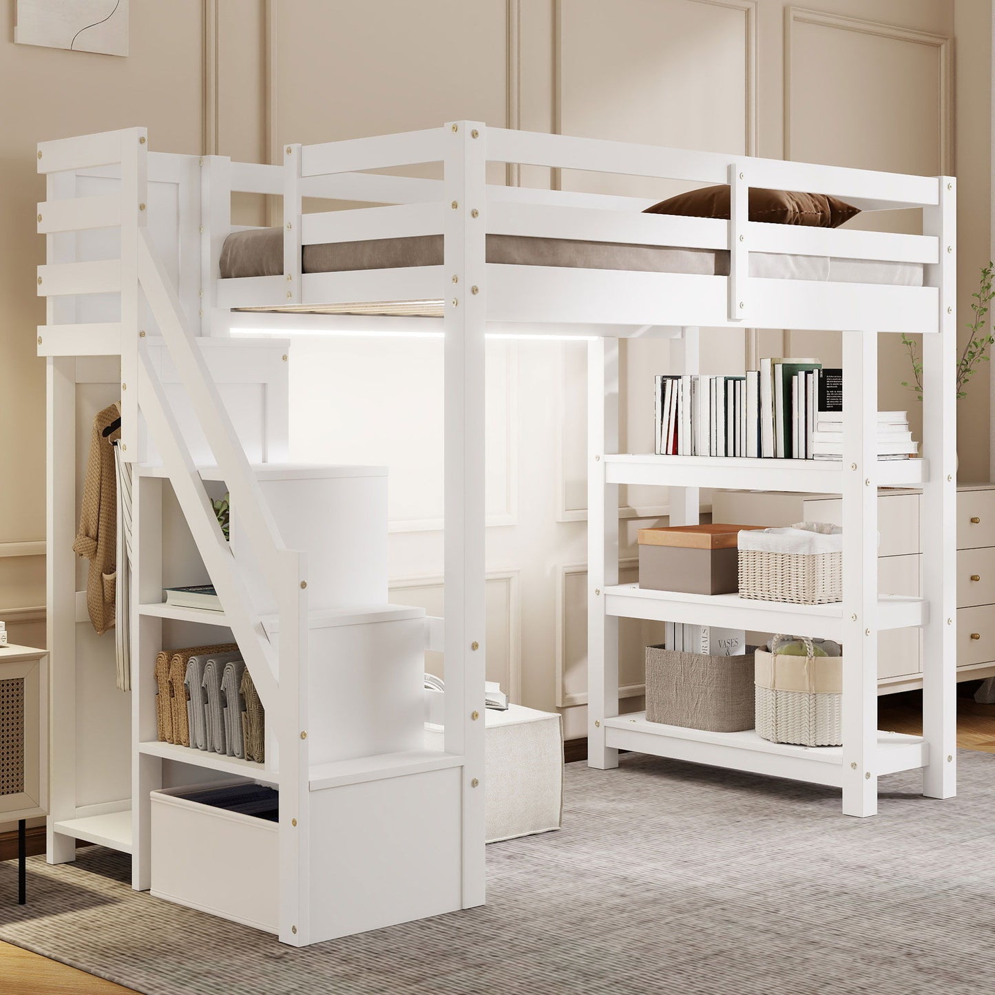 Loft Bed With 4 Layer Shelves, Storage Staircase, Small Wardrobe And LED Light - The Sleep Loft - Online Mattress Showroom NYC