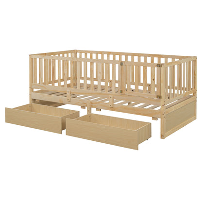 Daybed With Fence Guardrails And 2 Drawers, Split Into Independent Floor Bed & Daybed - The Sleep Loft - Online Mattress Showroom NYC