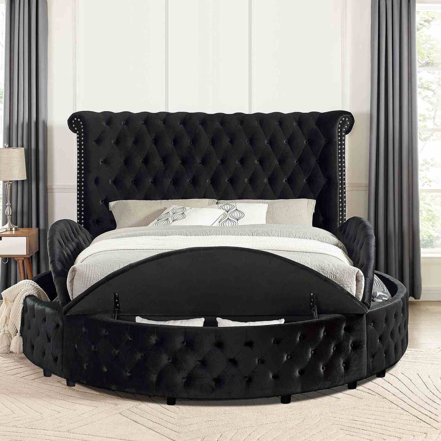 Glam Button Tufted Wingback Round Bed With Storage And USB Ports - The Sleep Loft - Online Mattress Showroom NYC