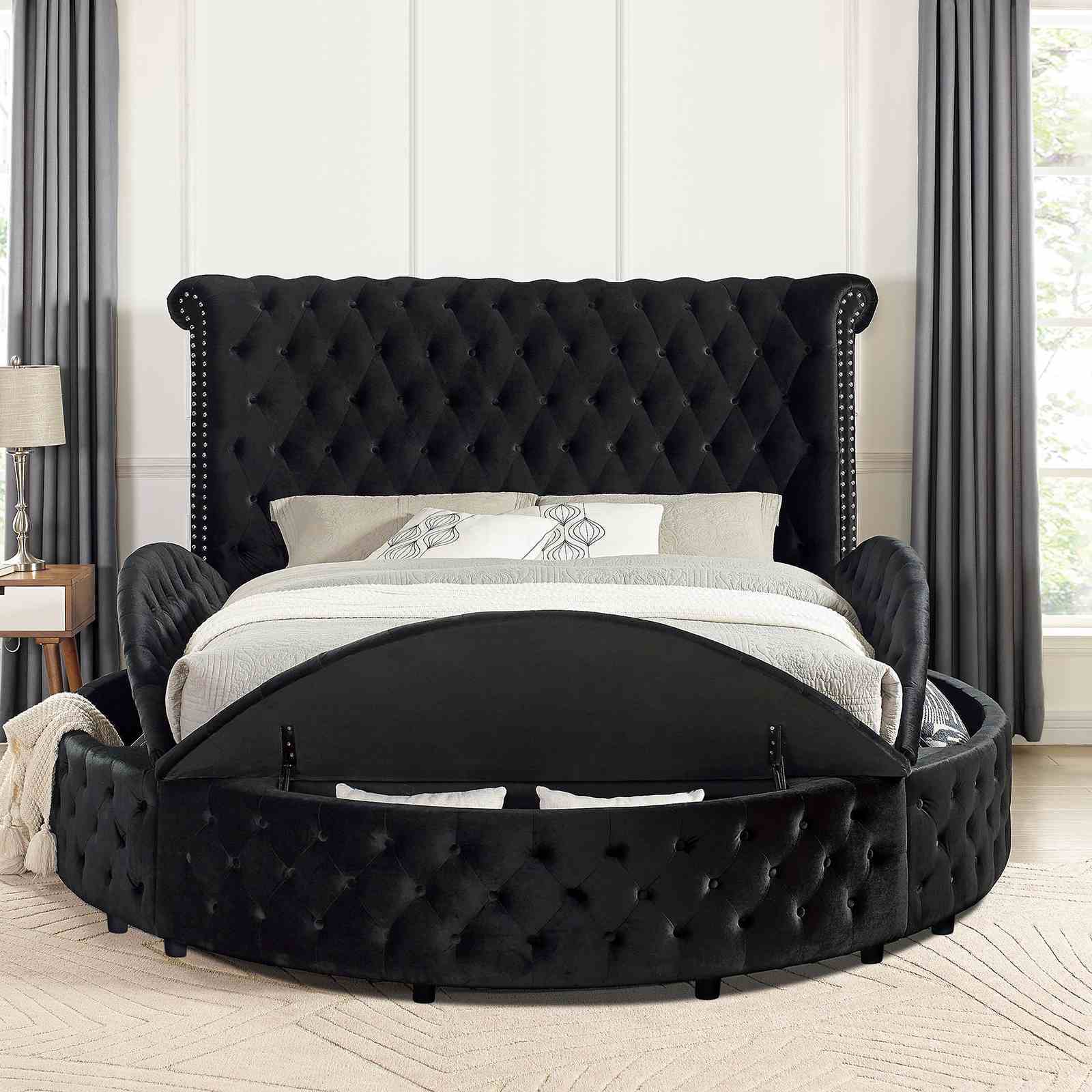 Glam Button Tufted Wingback Round Bed With Storage And USB Ports - The Sleep Loft - Online Mattress Showroom NYC