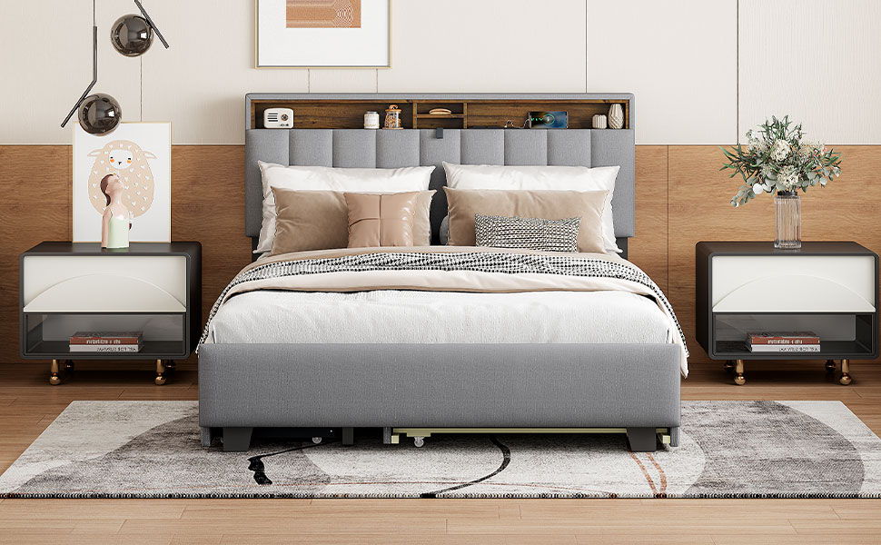 Upholstered Platform Bed With Storage Headboard, Trundle & 2 Drawers And A Set Of Sockets & USB Ports - The Sleep Loft - Online Mattress Showroom NYC