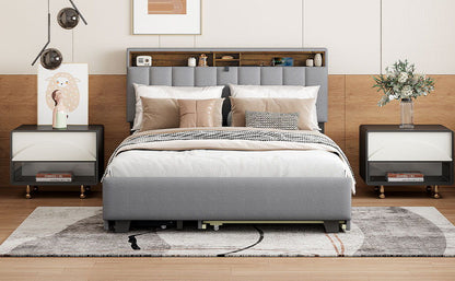 Upholstered Platform Bed With Storage Headboard, Trundle & 2 Drawers And A Set Of Sockets & USB Ports - The Sleep Loft - Online Mattress Showroom NYC
