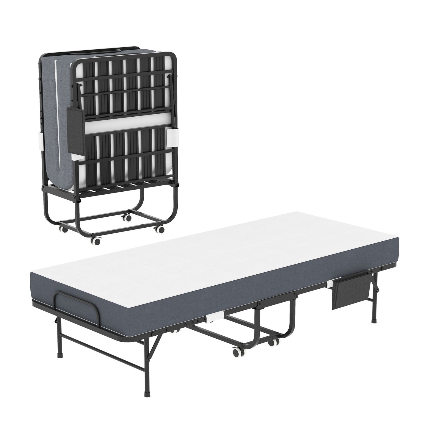 Twin Folding Bed With Memory Foam Mattress, On Wheels, Portable Bed For Adults & Guests - Black - The Sleep Loft - Online Mattress Showroom NYC
