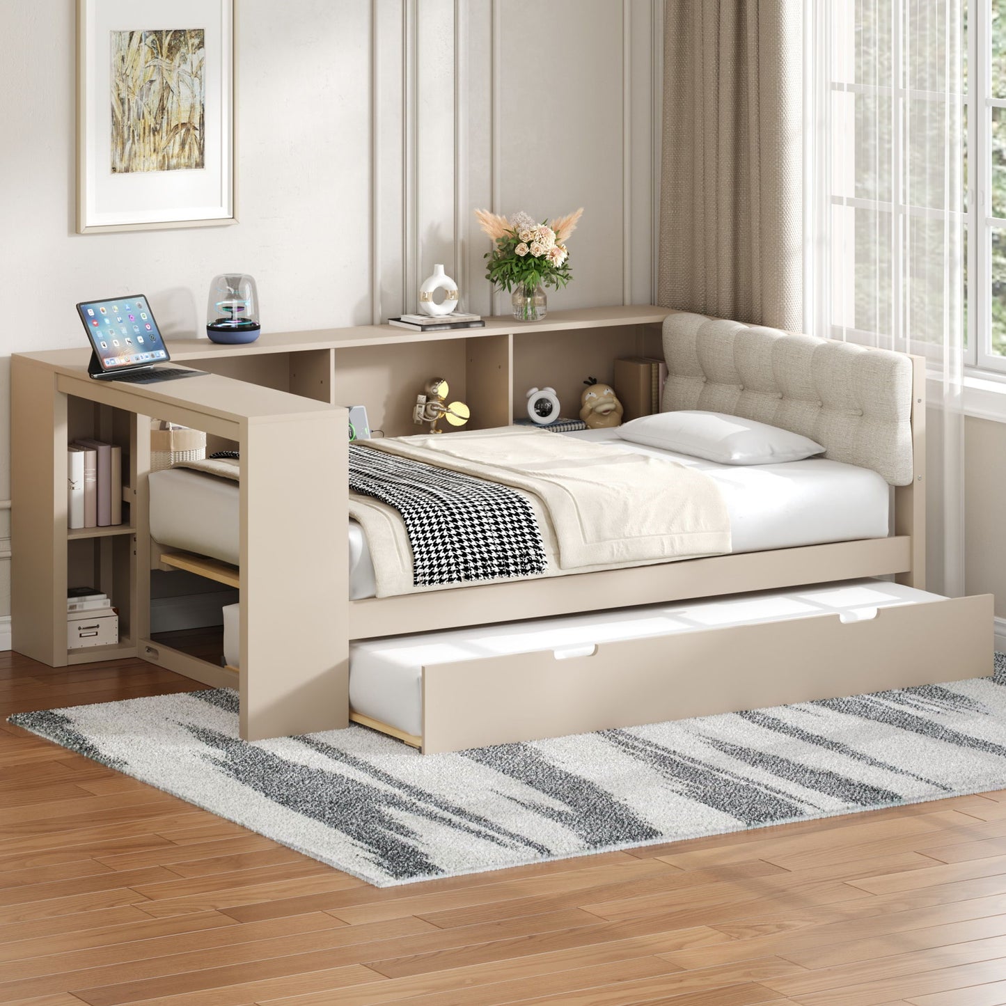 Upholstered Headboard Platform Bed With Storage Shelves, Trundle, Charging Station - The Sleep Loft - Online Mattress Showroom NYC