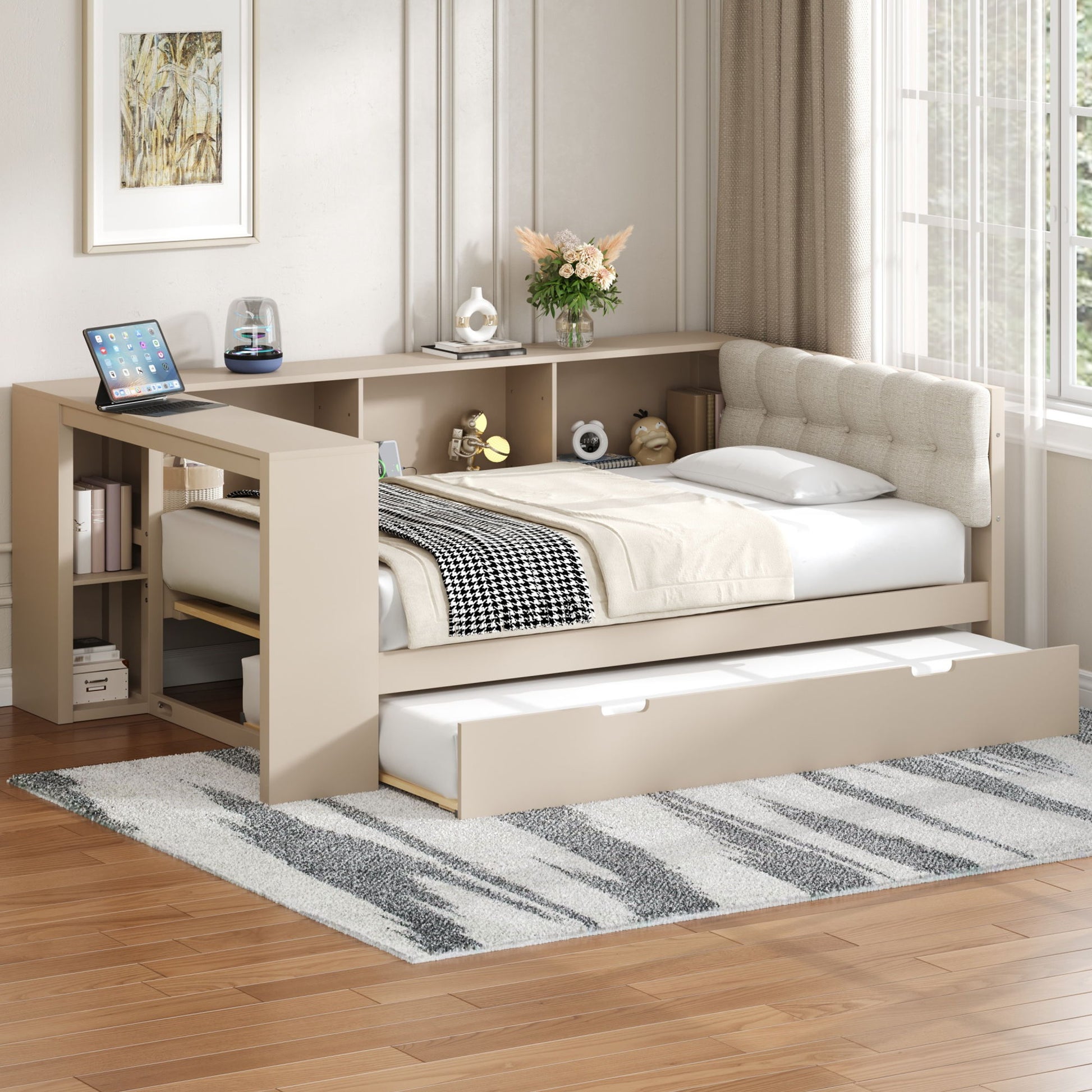 Upholstered Headboard Platform Bed With Storage Shelves, Trundle, Charging Station - The Sleep Loft - Online Mattress Showroom NYC