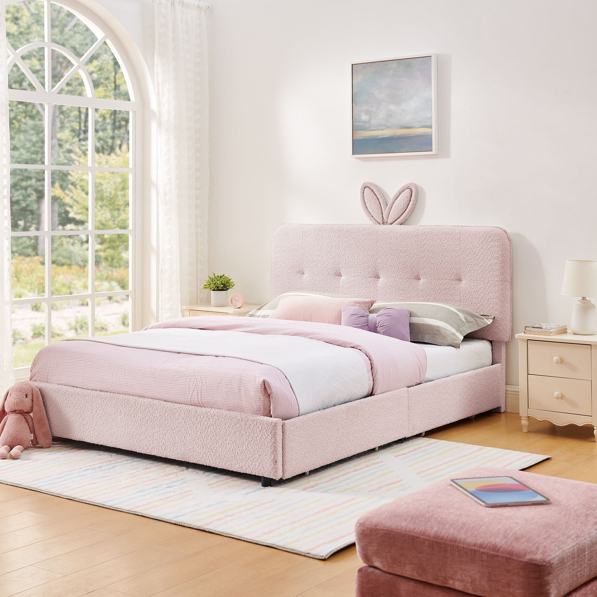Upholstered Bed With Oversized Rabbit Ear Headboard, LED Lights & 4 Storage Drawers - The Sleep Loft - Online Mattress Showroom NYC