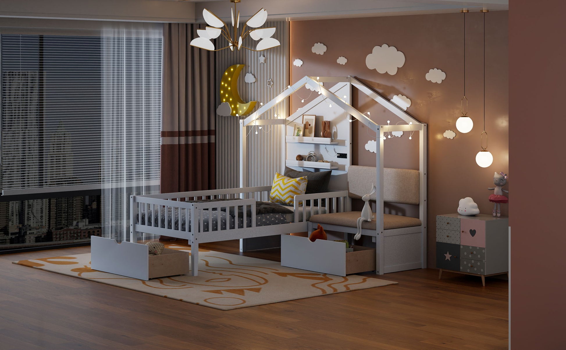 House Bed With Upholstered Sofa, Wireless Charging Station, Shelves And 2 Drawers - The Sleep Loft - Online Mattress Showroom NYC