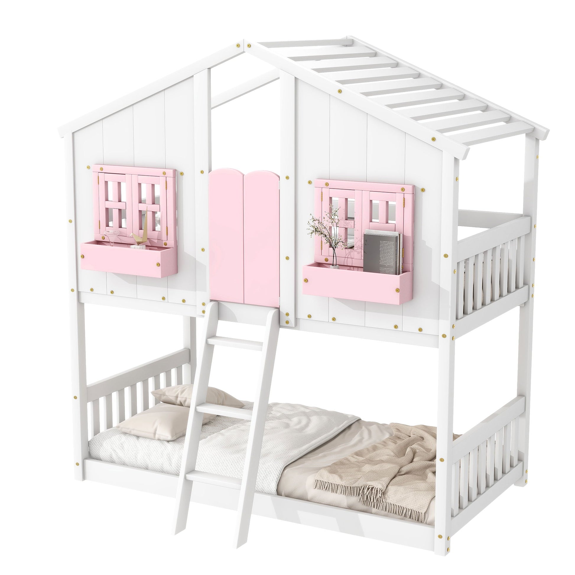 House Bunk Bed With Roof, Window, Window Box, Door, With Safety Guardrails And Ladder - The Sleep Loft - Online Mattress Showroom NYC