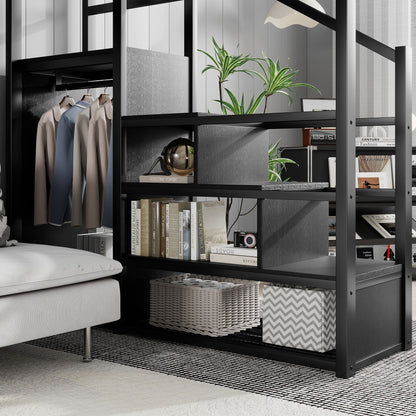 Queen Size Loft Bed With Stairs, Storage Shelves, Wardrobe - Black - The Sleep Loft - Online Mattress Showroom NYC