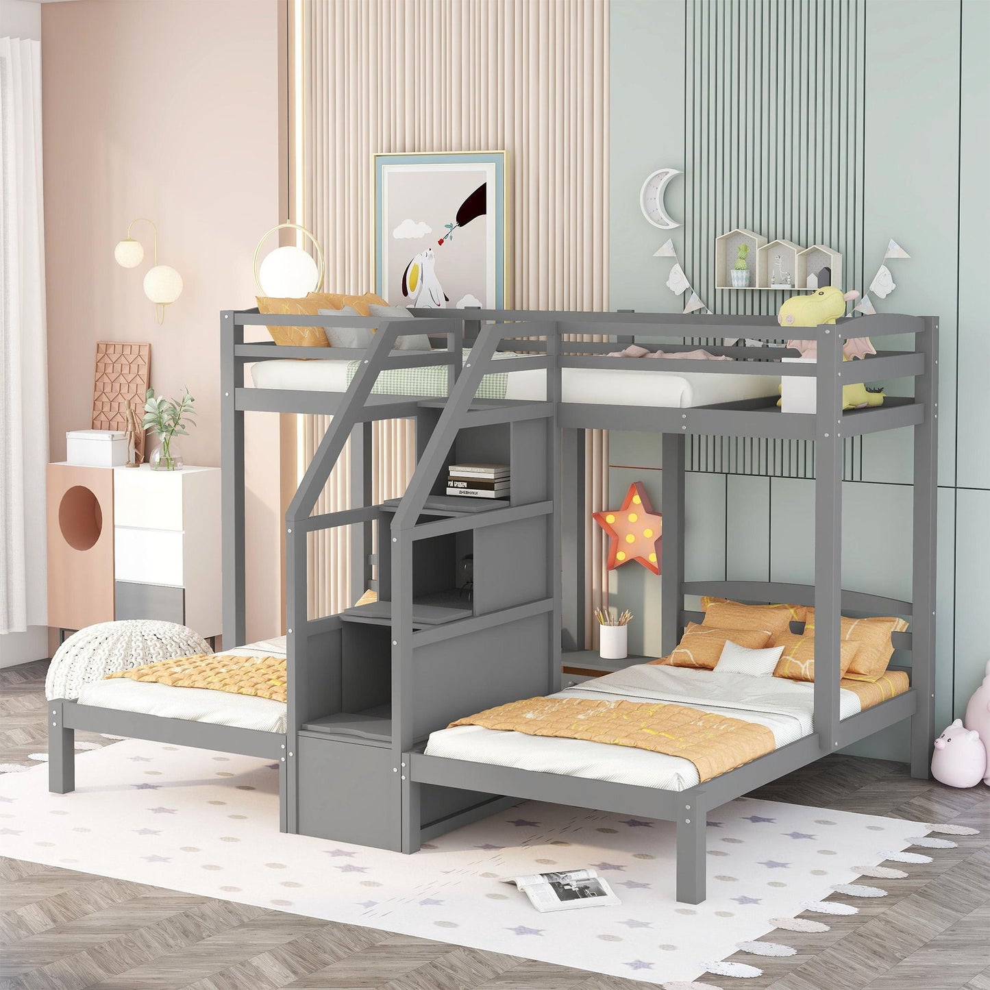 Twin Over Twin & Twin Bunk Bed With Built In Staircase And Storage Drawer - Gray - The Sleep Loft - Online Mattress Showroom NYC