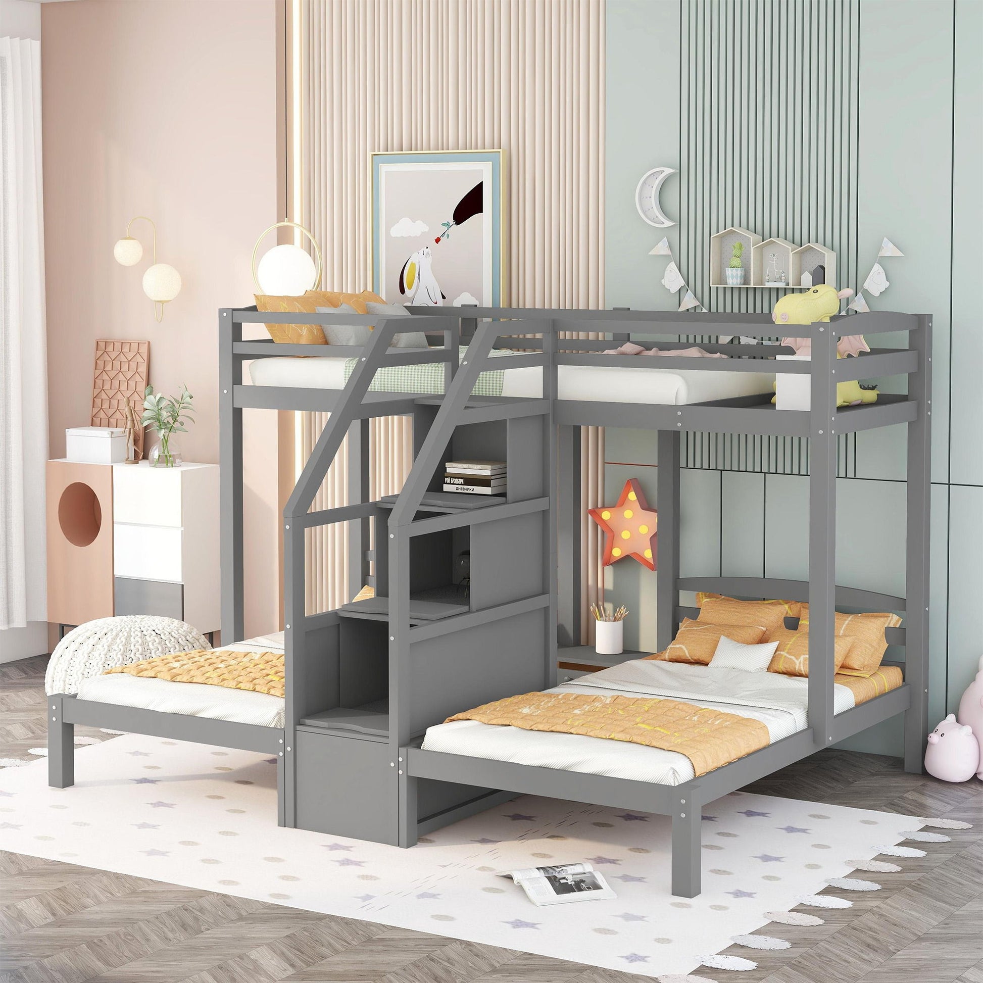 Twin Over Twin & Twin Bunk Bed With Built In Staircase And Storage Drawer - Gray - The Sleep Loft - Online Mattress Showroom NYC