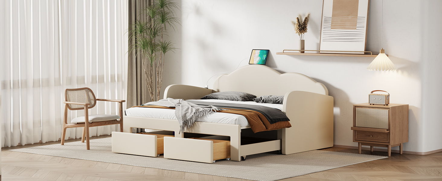 Upholstered Daybed With Cloud-Shaped Backrest, Trundle & 2 Drawers And USB Ports - The Sleep Loft - Online Mattress Showroom NYC