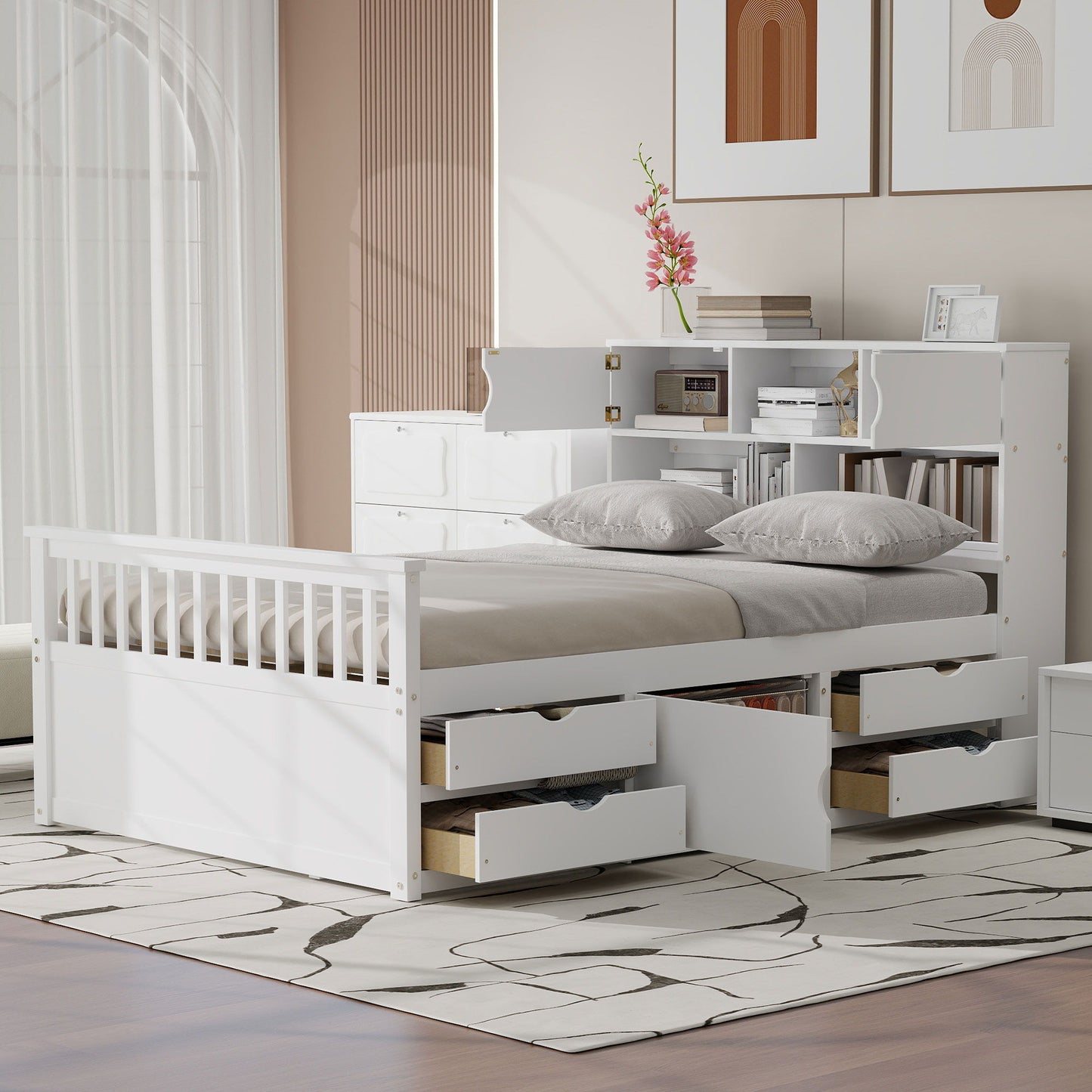 Captain Platform Bed Frame With Bookcase Headboard, 4 Drawers, Storage Shelves - The Sleep Loft - Online Mattress Showroom NYC