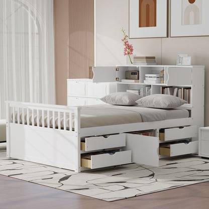 Captain Platform Bed Frame With Bookcase Headboard, 4 Drawers, Storage Shelves - The Sleep Loft - Online Mattress Showroom NYC