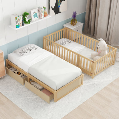 Daybed With Fence Guardrails And 2 Drawers, Split Into Independent Floor Bed & Daybed - The Sleep Loft - Online Mattress Showroom NYC