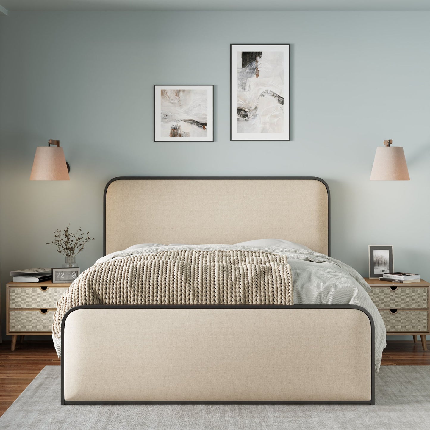 Modern Bed With Curved Upholstered Headboard And Footboard, Heavy Duty Metal Slats - The Sleep Loft - Online Mattress Showroom NYC