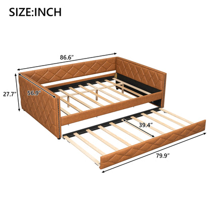 Upholstered Full Long Daybed With Trundle And LED Armrests - Brown - The Sleep Loft - Online Mattress Showroom NYC