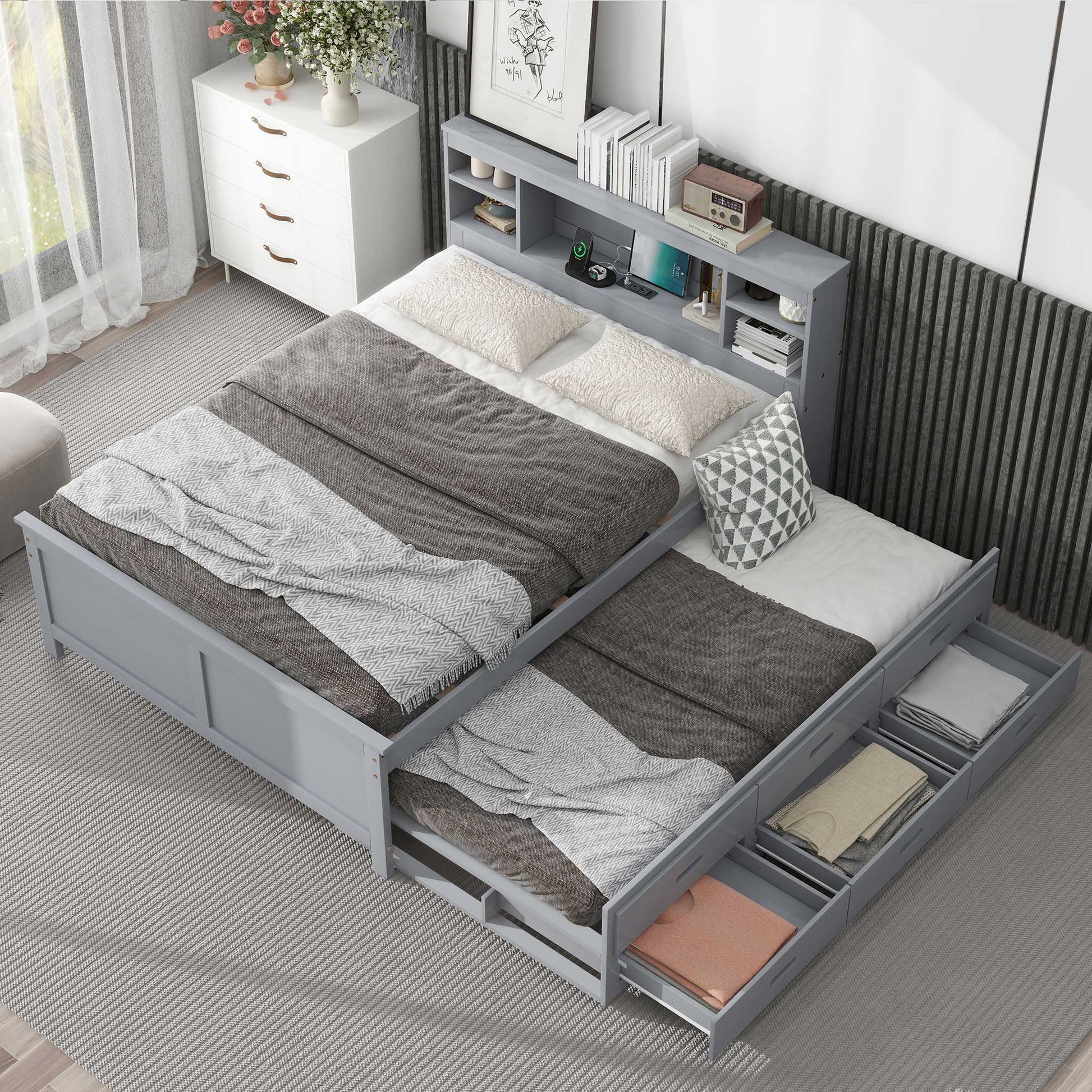 Platform Bed With Storage Headboard, USB, Trundle And 3 Drawers - The Sleep Loft - Online Mattress Showroom NYC