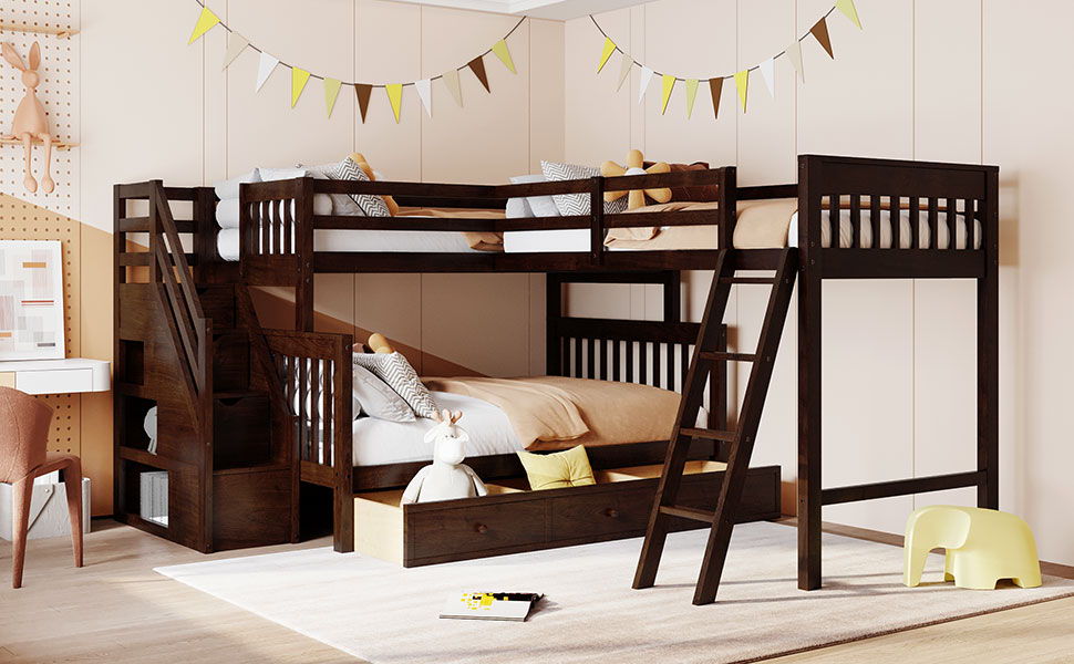 Solid L Shaped Bunk Bed With 3 Drawers, Ladder And Staircase - The Sleep Loft - Online Mattress Showroom NYC