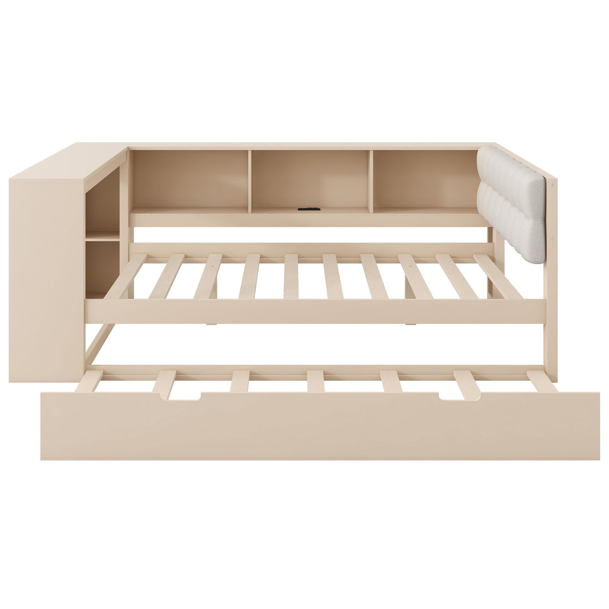 Upholstered Headboard Platform Bed With Storage Shelves, Trundle, Charging Station - The Sleep Loft - Online Mattress Showroom NYC