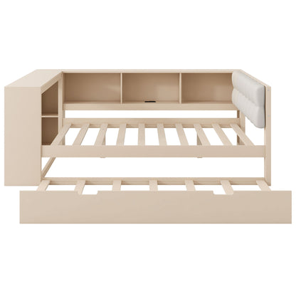 Upholstered Headboard Platform Bed With Storage Shelves, Trundle, Charging Station - The Sleep Loft - Online Mattress Showroom NYC