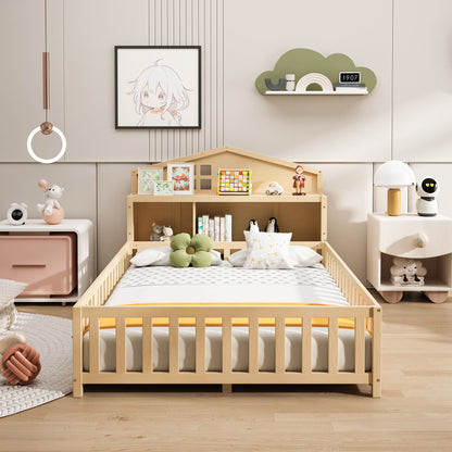 Full Size Montessori Floor Bed With Bookcases And boards, Solid Wood Platform Bed With Guard Rails And Storage Headboards - Natural - The Sleep Loft - Online Mattress Showroom NYC